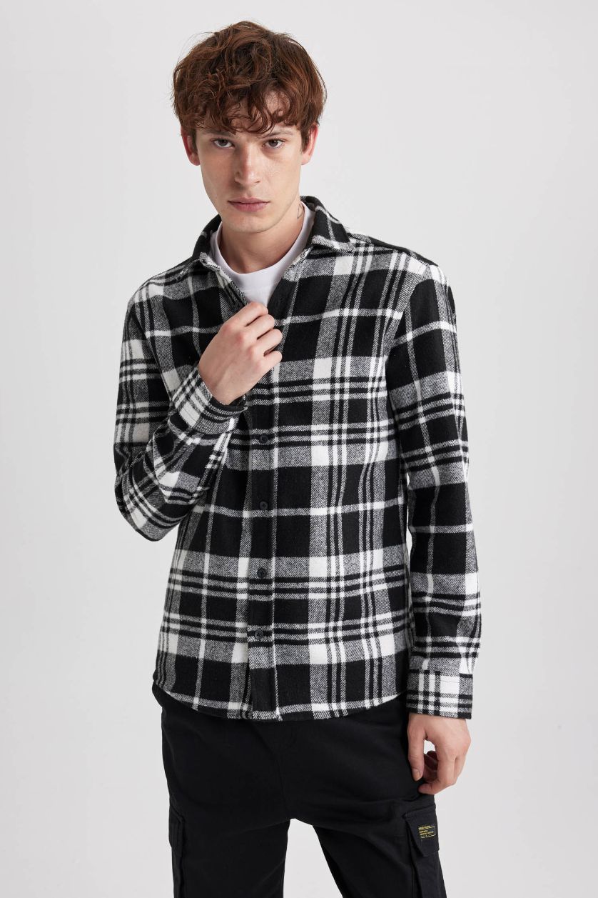 رجالي أسود قميص كاروهات بكم طويل قصة عادية