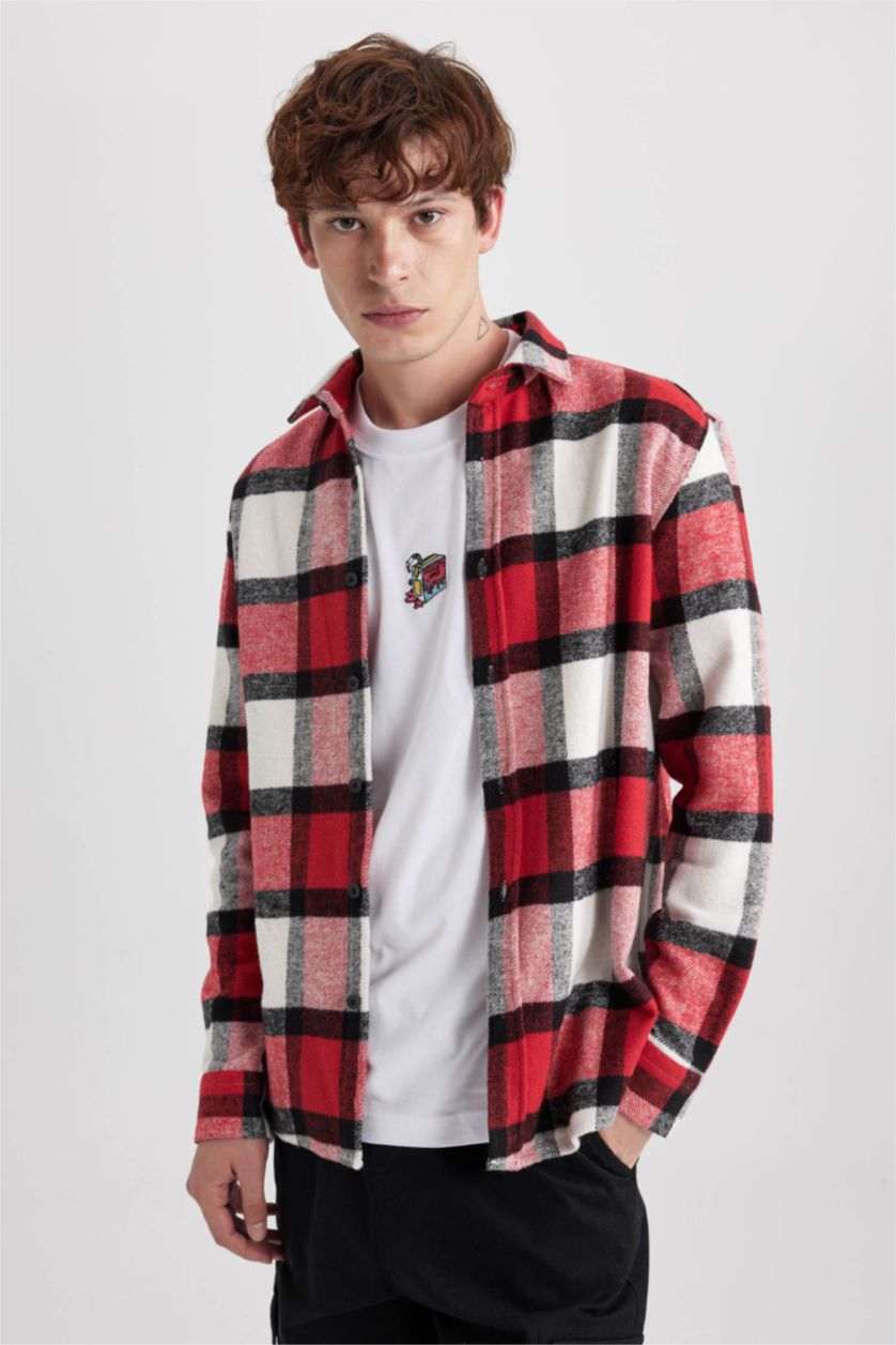 MAN Red Regular Fit Polo Collar Plaid Lumberjack Flannel Shirt