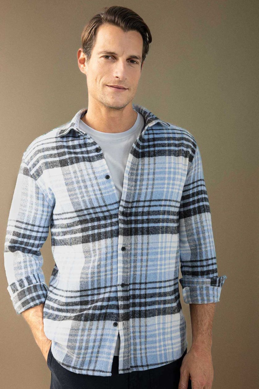 Erkek Açık Mavi Regular Fit Kareli Oduncu Flanel Uzun Kollu Gömlek