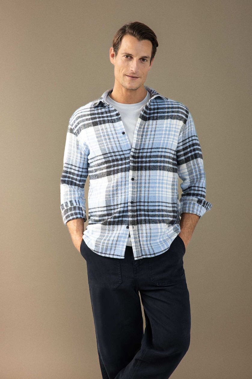 Erkek Açık Mavi Regular Fit Kareli Oduncu Flanel Uzun Kollu Gömlek