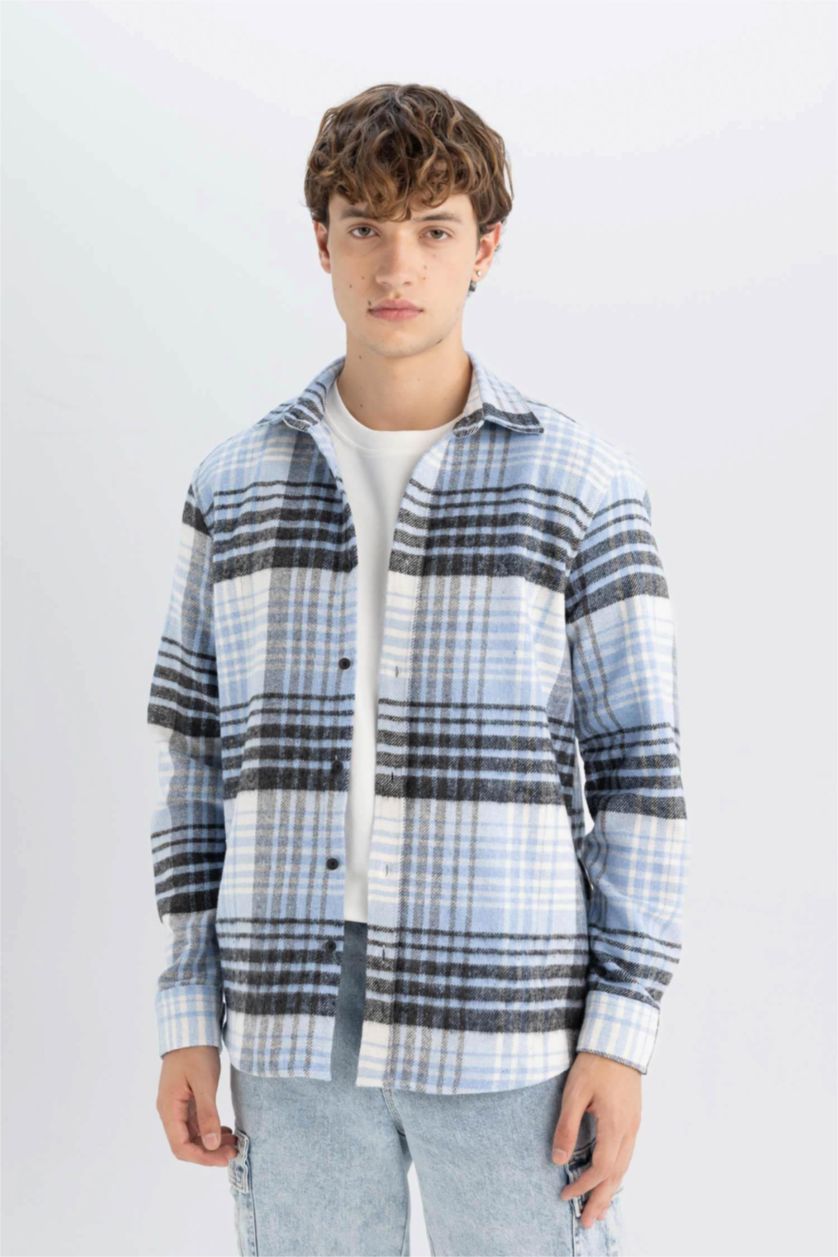 Erkek Açık Mavi Regular Fit Kareli Oduncu Flanel Uzun Kollu Gömlek