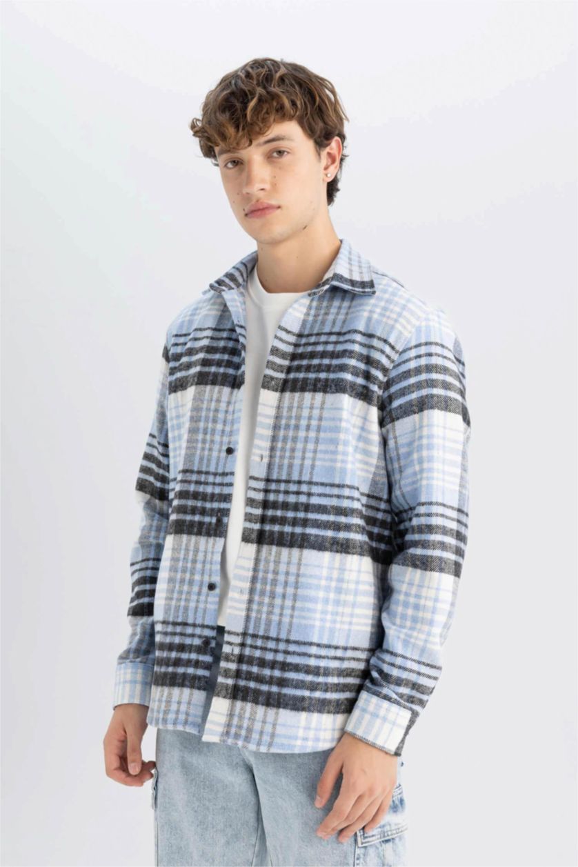 Erkek Açık Mavi Regular Fit Kareli Oduncu Flanel Uzun Kollu Gömlek