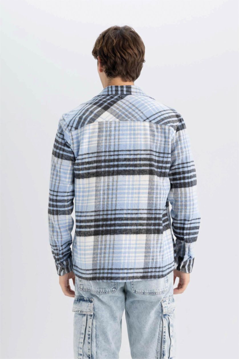 Erkek Açık Mavi Regular Fit Kareli Oduncu Flanel Uzun Kollu Gömlek