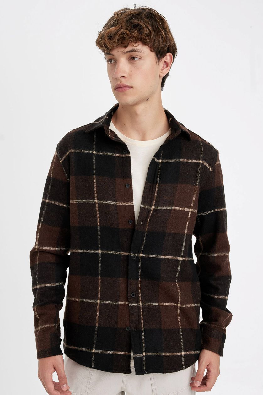 Erkek Kahve Regular Fit Kareli Oduncu Flanel Uzun Kollu Gömlek