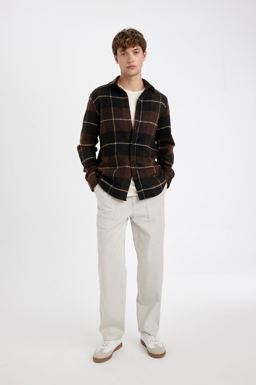 Erkek Kahve Regular Fit Kareli Oduncu Flanel Uzun Kollu Gömlek