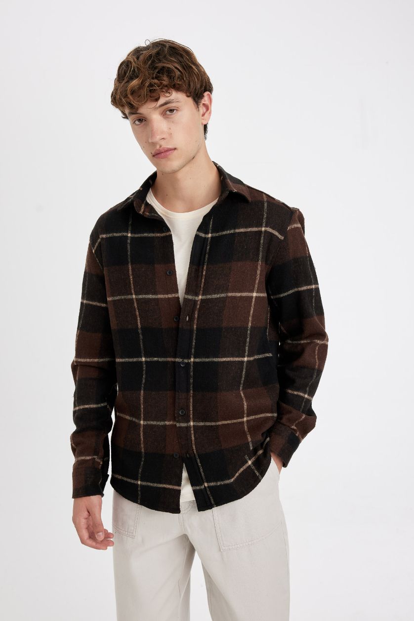Erkek Kahve Regular Fit Kareli Oduncu Flanel Uzun Kollu Gömlek
