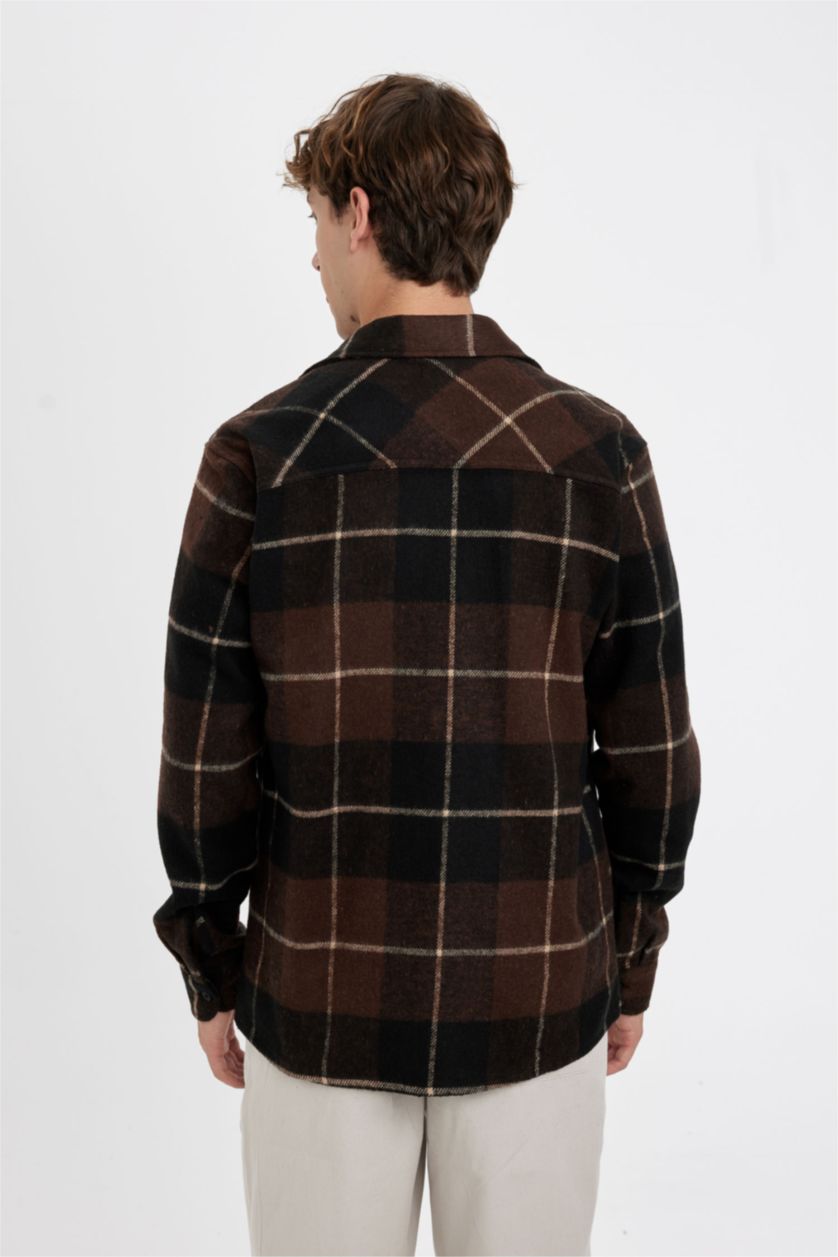 Erkek Kahve Regular Fit Kareli Oduncu Flanel Uzun Kollu Gömlek