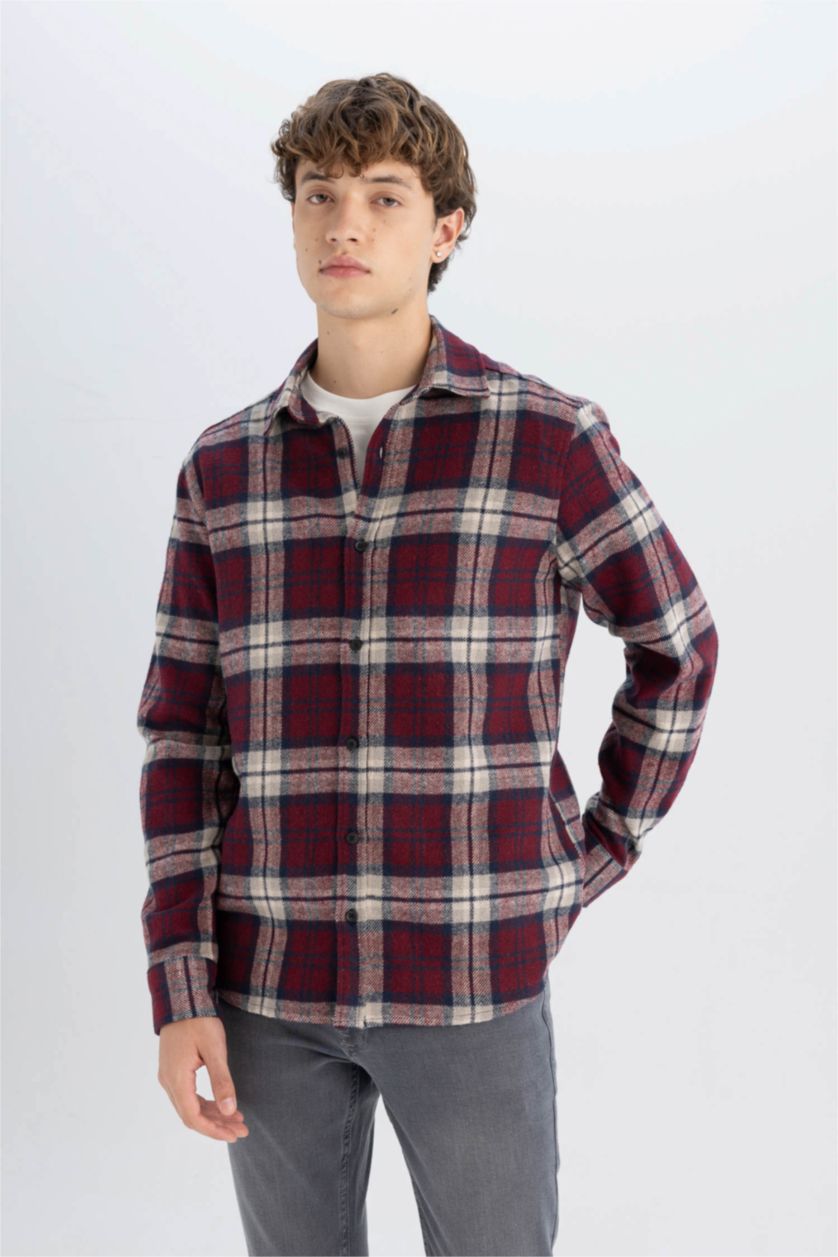 Erkek Bordo Regular Fıt Oduncu Uzun Kollu Gömlek