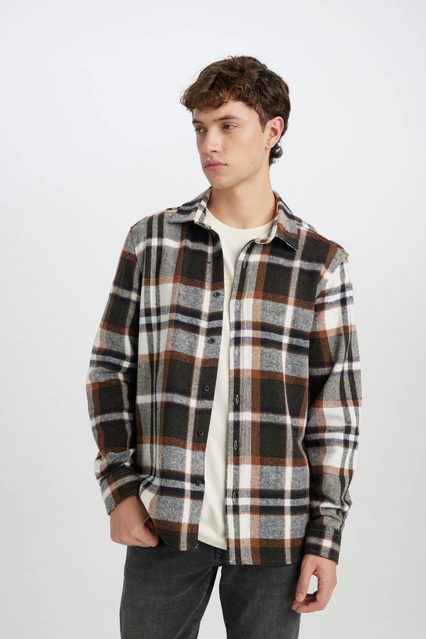 Erkek Meşe Yeşili Regular Fit Kareli Oduncu Flanel Uzun Kollu Gömlek