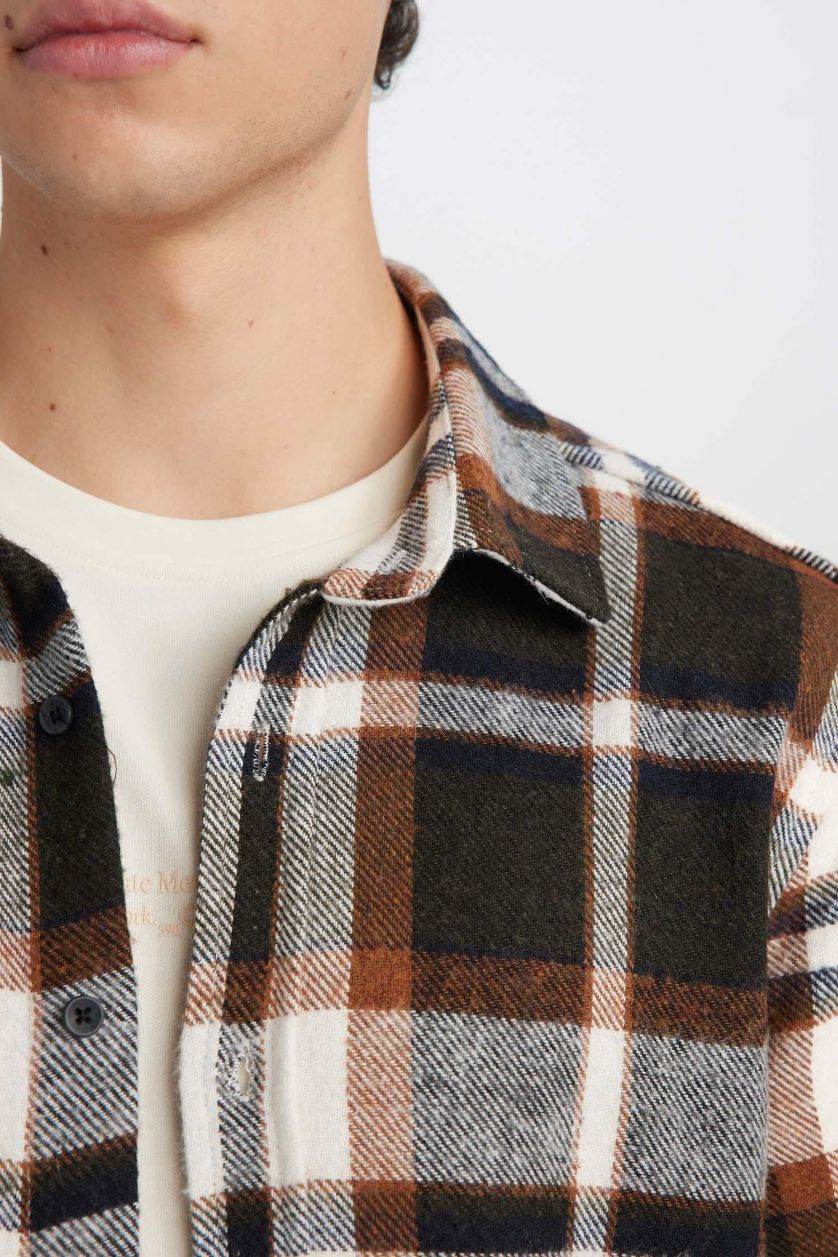 Erkek Meşe Yeşili Regular Fit Kareli Oduncu Flanel Uzun Kollu Gömlek