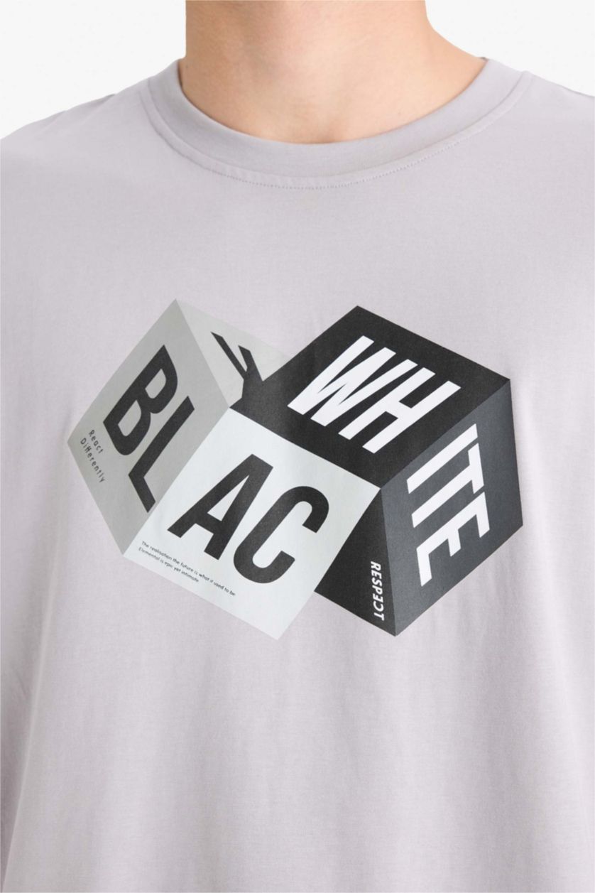 Erkek Gri Oversize Geniş Kalıp Bisiklet Yaka Baskılı Kısa Kollu %100 Pamuk Tişört