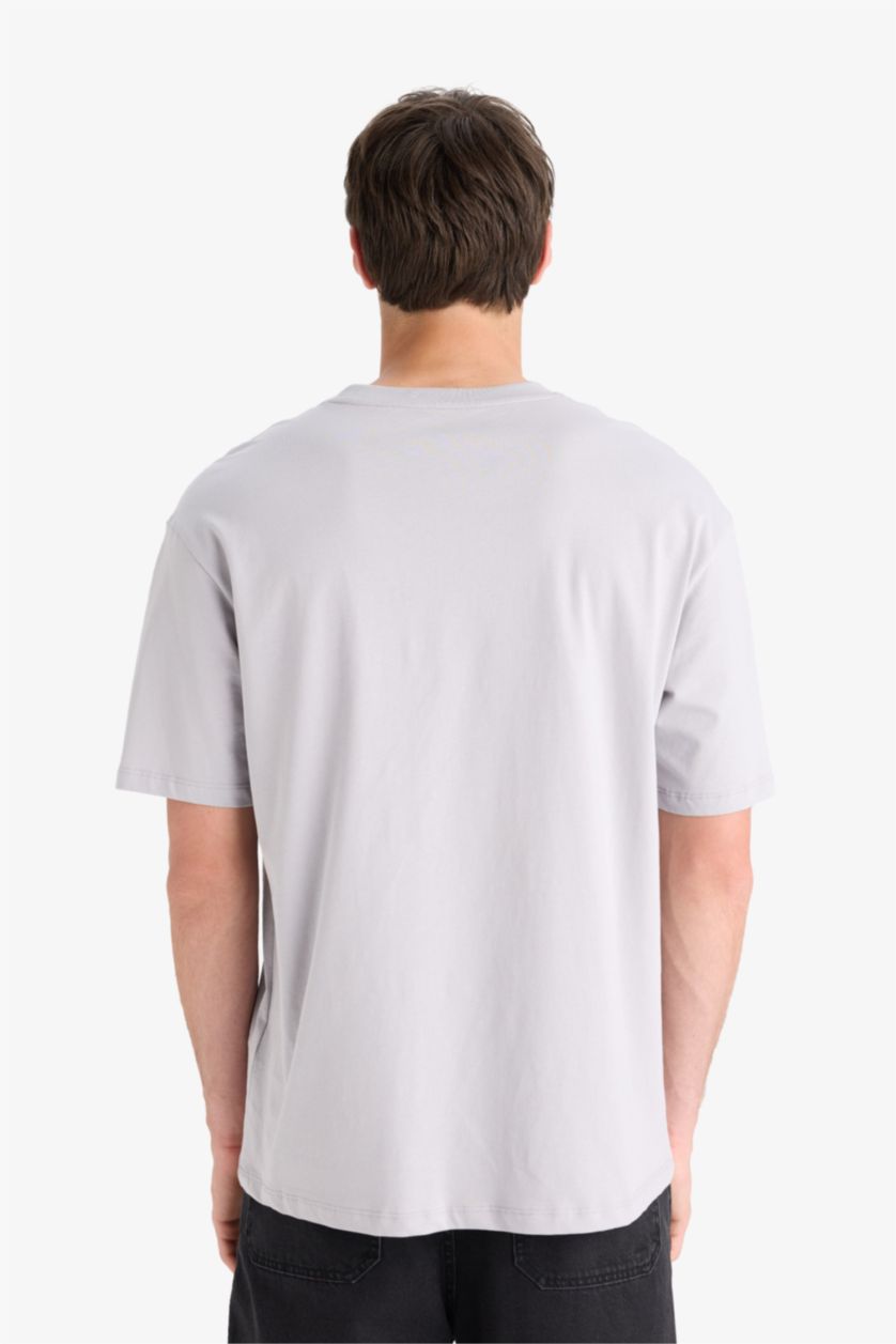 Erkek Gri Oversize Geniş Kalıp Bisiklet Yaka Baskılı Kısa Kollu %100 Pamuk Tişört