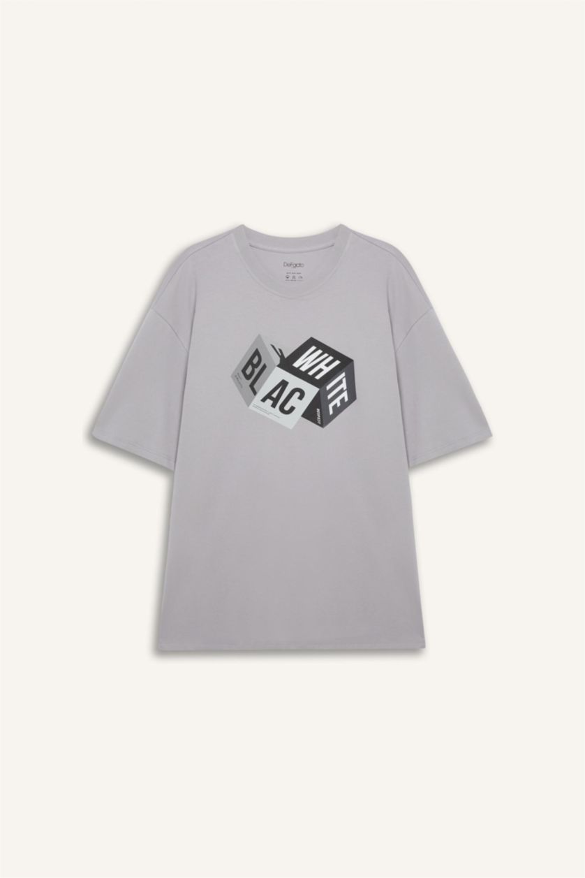 Erkek Gri Oversize Geniş Kalıp Bisiklet Yaka Baskılı Kısa Kollu %100 Pamuk Tişört