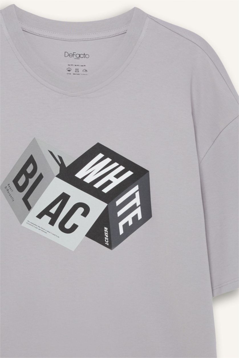 Erkek Gri Oversize Geniş Kalıp Bisiklet Yaka Baskılı Kısa Kollu %100 Pamuk Tişört