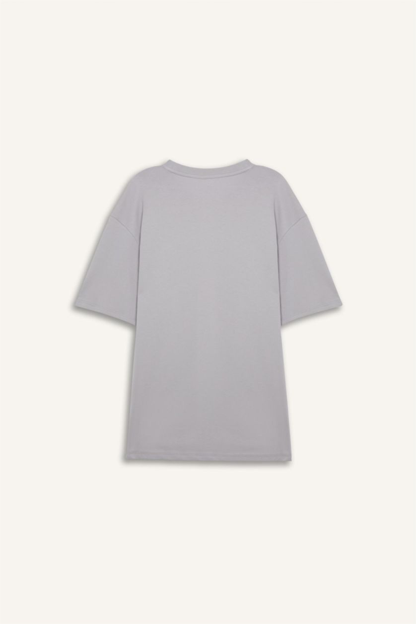 Erkek Gri Oversize Geniş Kalıp Bisiklet Yaka Baskılı Kısa Kollu %100 Pamuk Tişört