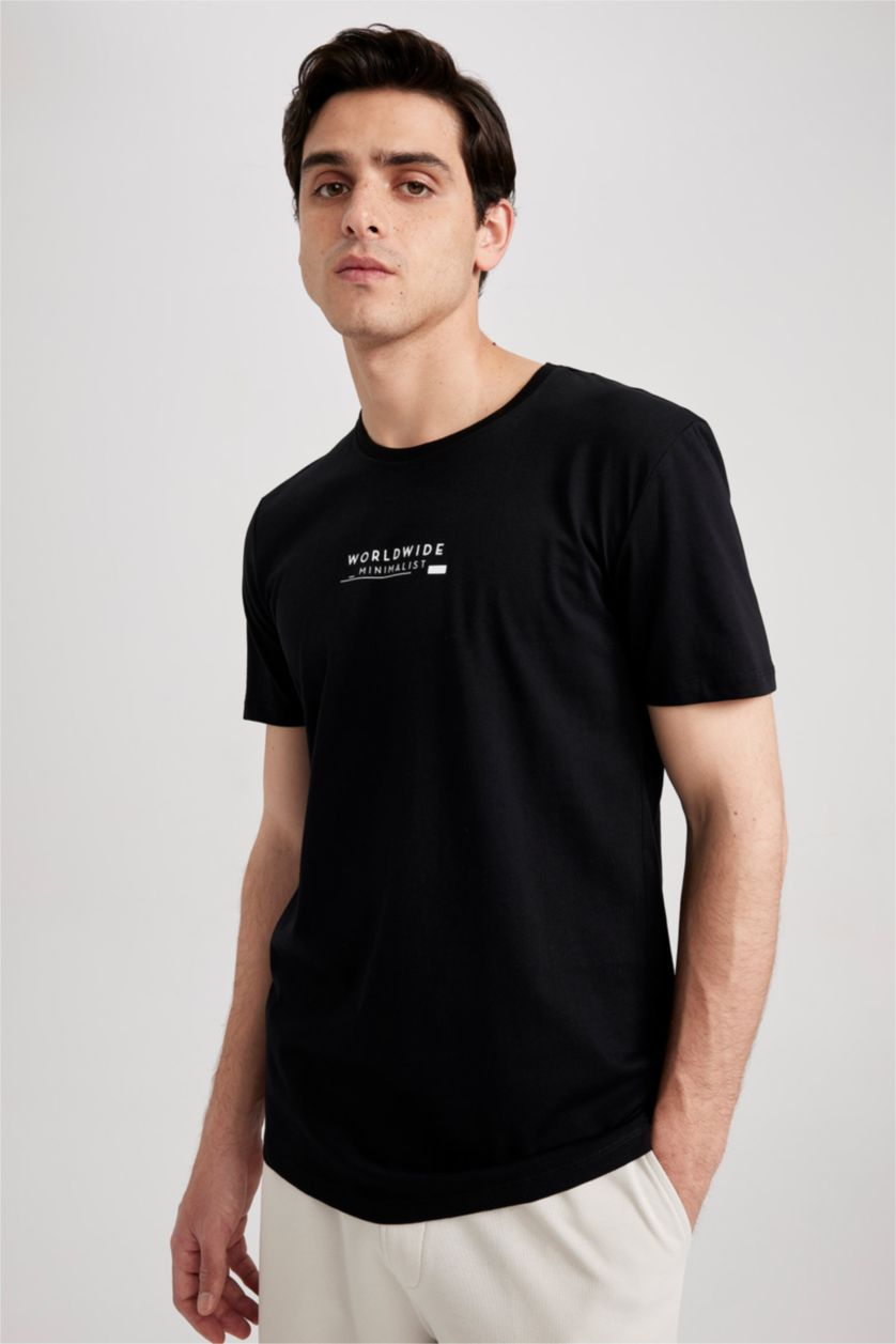 HOMME Noir T-shirt à manches courtes Coupe Régulière Imprimé Col rond