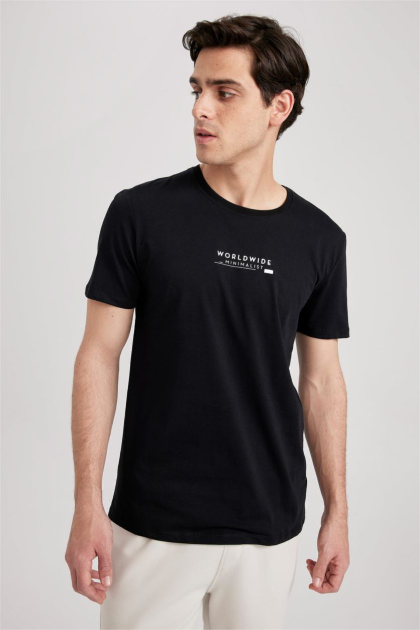 HOMME Noir T-shirt à manches courtes Coupe Régulière Imprimé Col rond