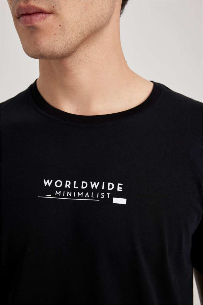 HOMME Noir T-shirt à manches courtes Coupe Régulière Imprimé Col rond