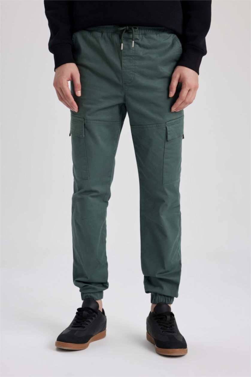 HOMME Vert Pantalon Gabardine Cargo Slim à Poches Cargo