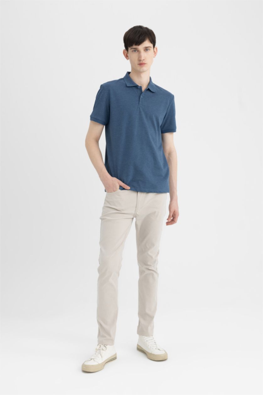 Erkek Lacivert Melanj Regular Fit Kısa Kollu Basic Düz Polo Tişört