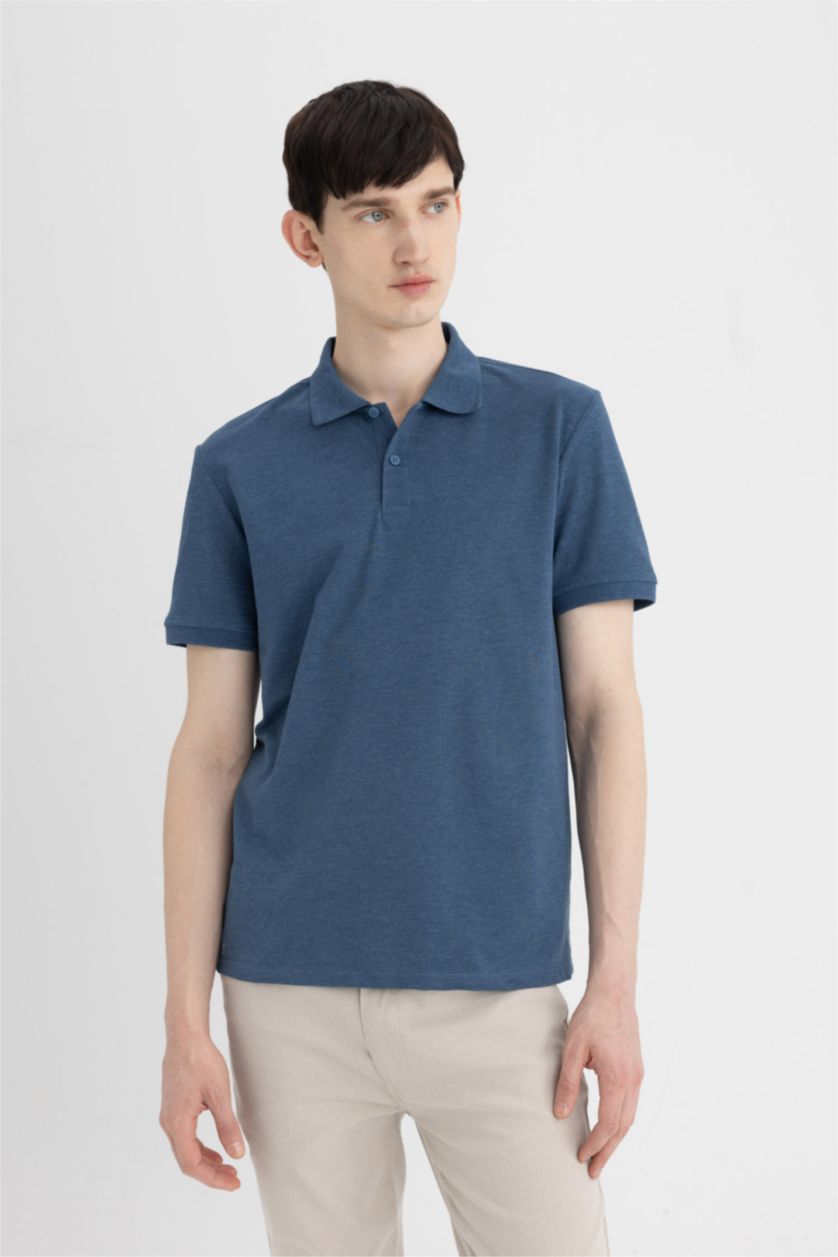 Erkek Lacivert Melanj Regular Fit Kısa Kollu Basic Düz Polo Tişört