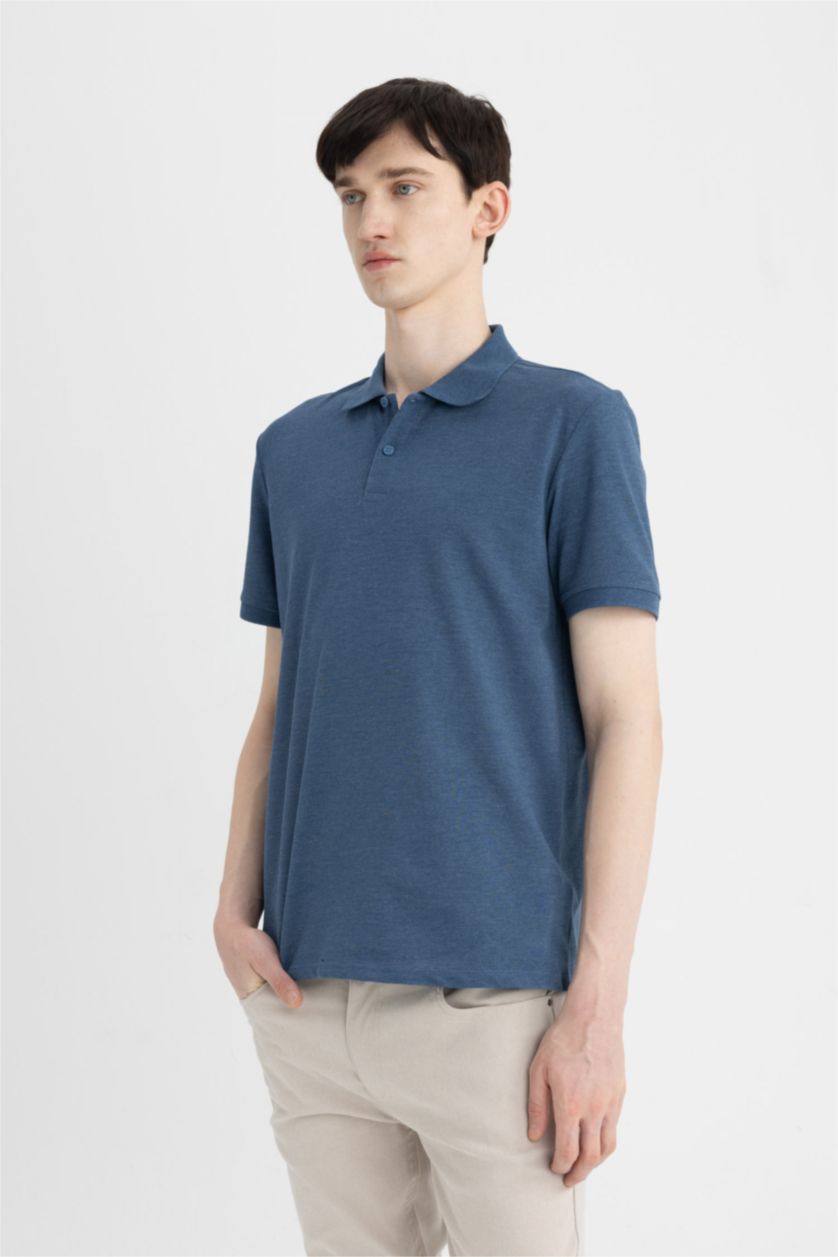 Erkek Lacivert Melanj Regular Fit Kısa Kollu Basic Düz Polo Tişört
