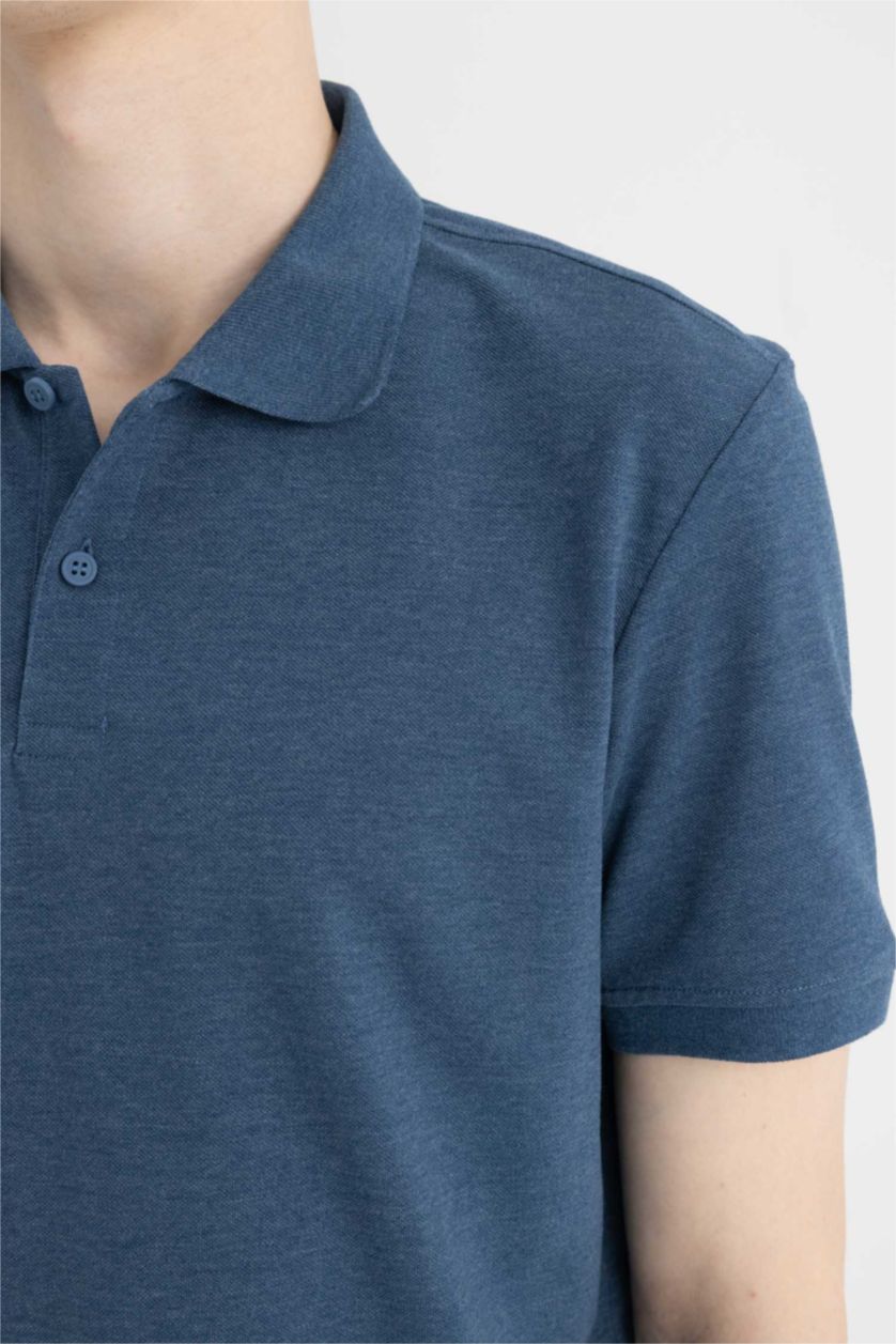 Erkek Lacivert Melanj Regular Fit Kısa Kollu Basic Düz Polo Tişört