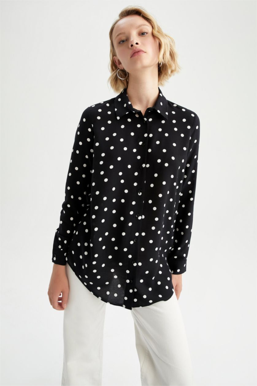 FEMME Noir Tunique À Manches Longues Coupe Régulière Col De Chemise