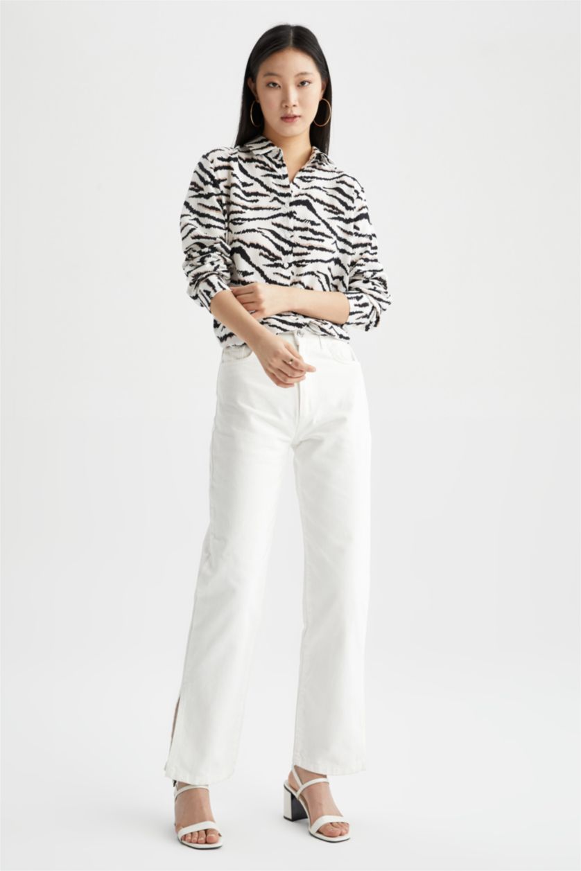 FEMME Écru Tunique traditionnelle à manches longues et col chemise à motif zébré