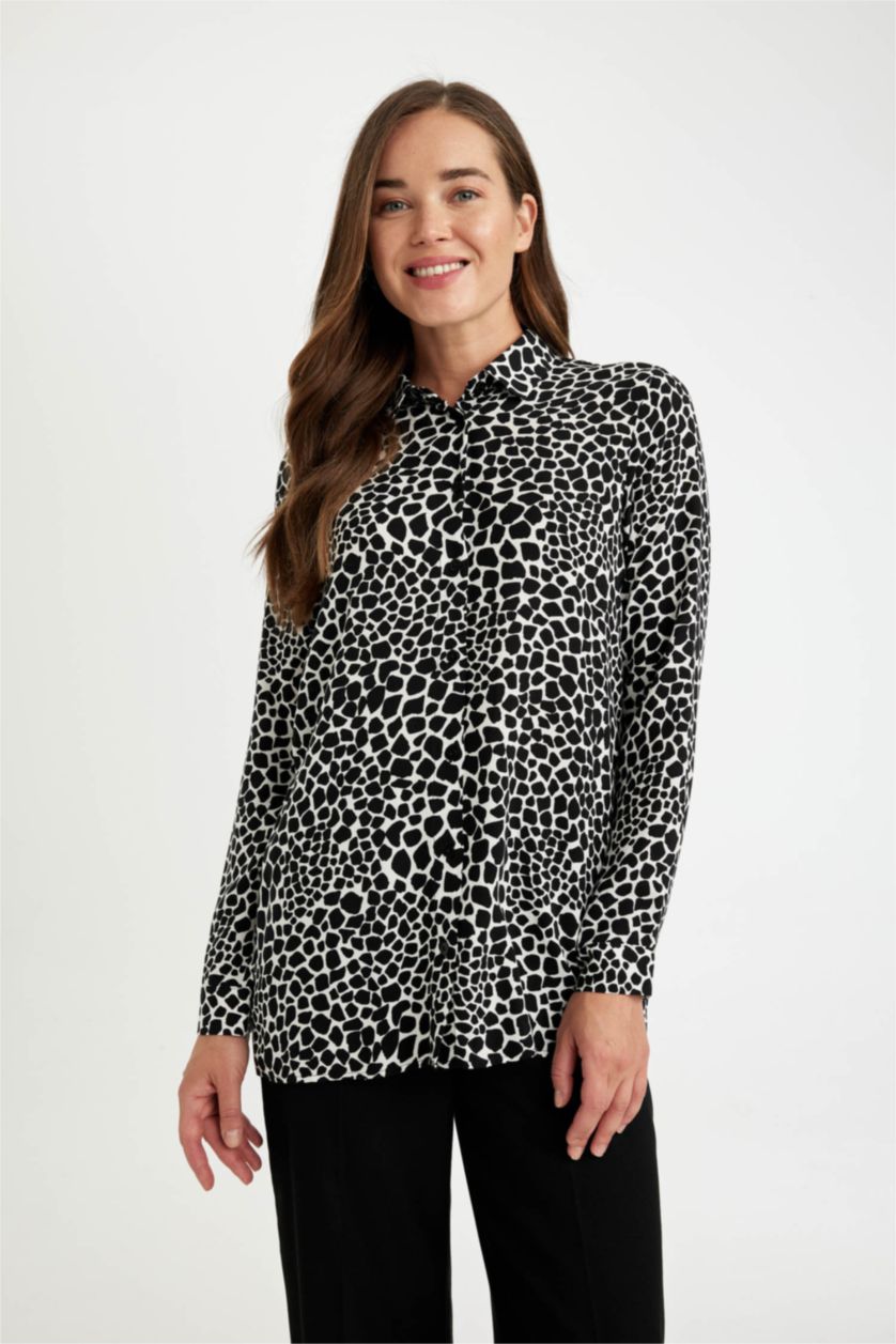 Kadın Siyah Loose Fit Gömlek Yaka Desenli Uzun Kollu Gömlek Tunik