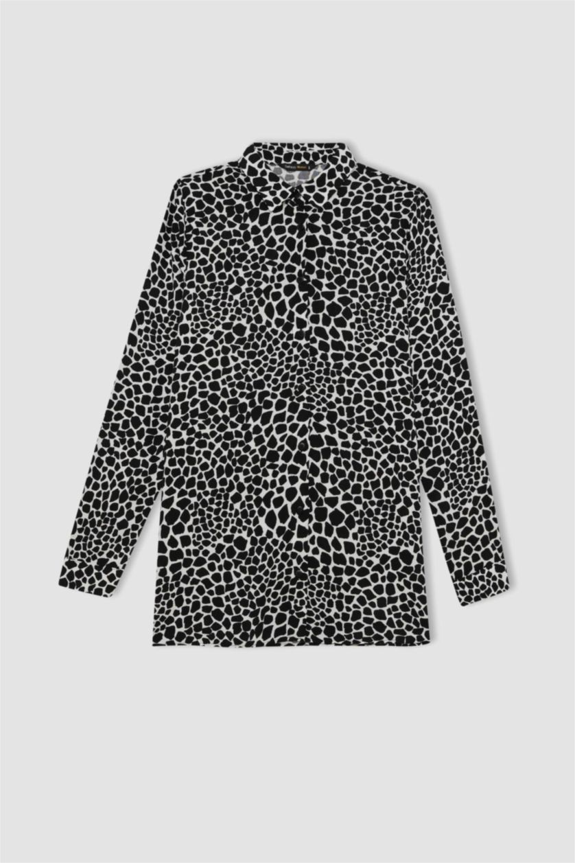 Kadın Siyah Loose Fit Gömlek Yaka Desenli Uzun Kollu Gömlek Tunik