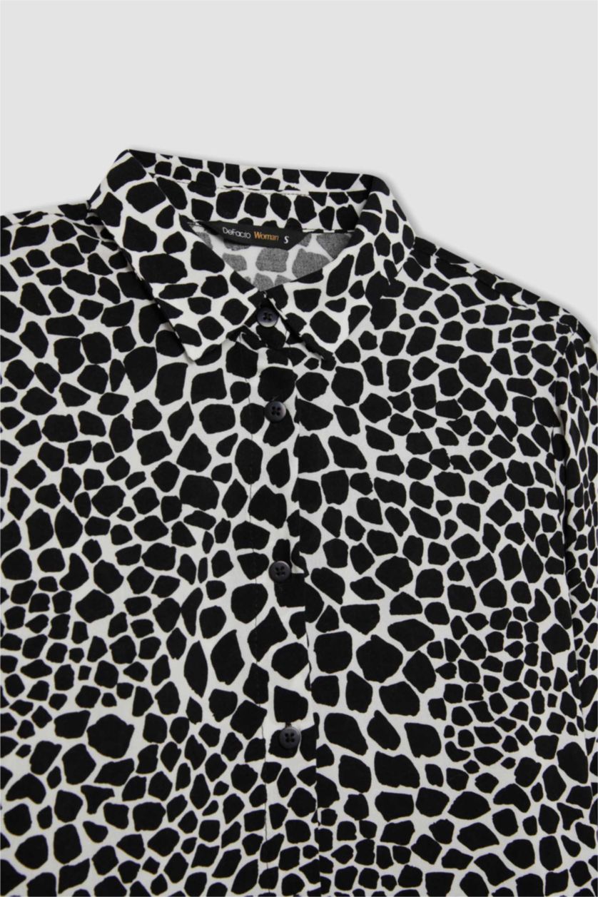 Kadın Siyah Loose Fit Gömlek Yaka Desenli Uzun Kollu Gömlek Tunik