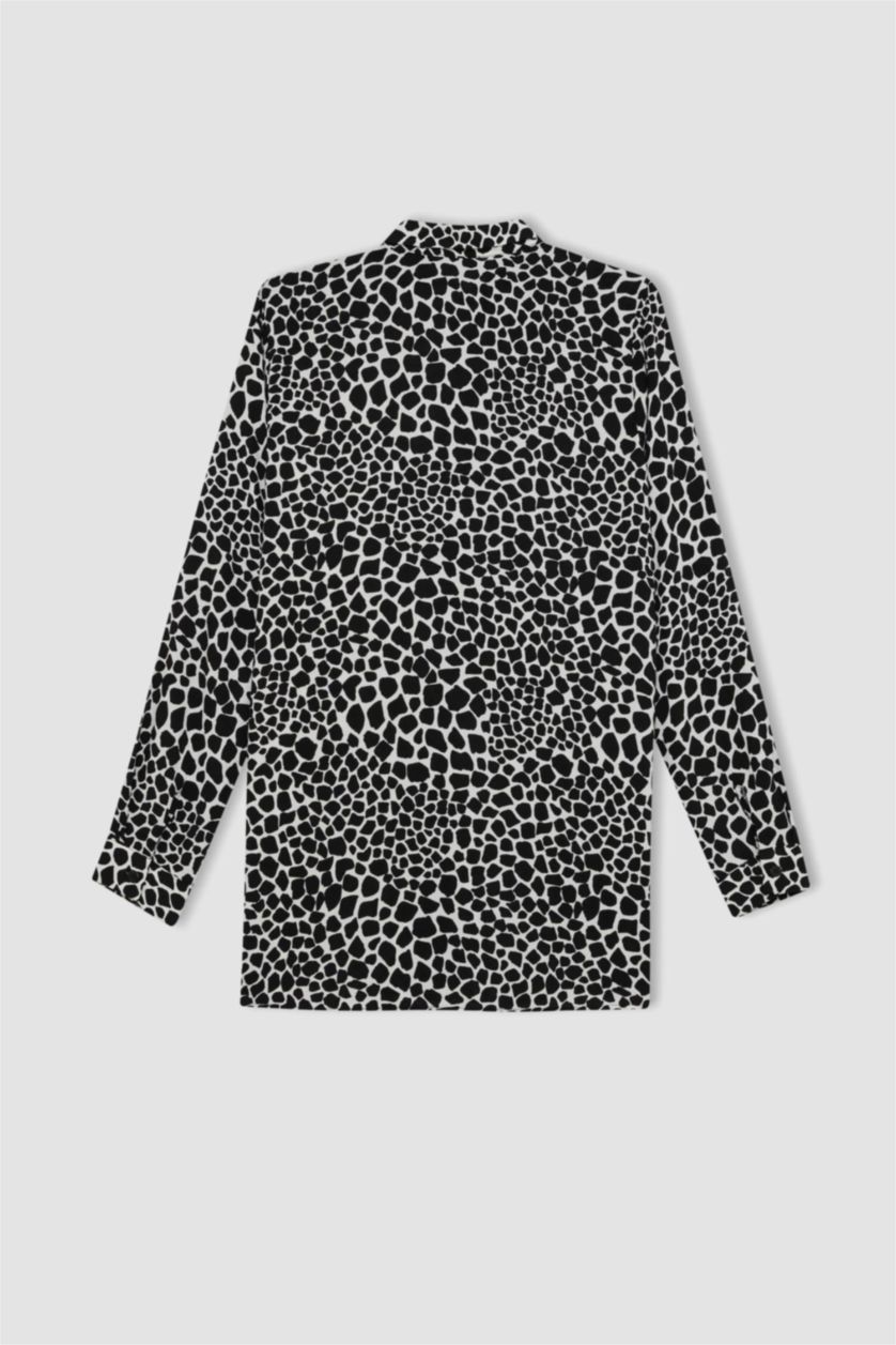 Kadın Siyah Loose Fit Gömlek Yaka Desenli Uzun Kollu Gömlek Tunik