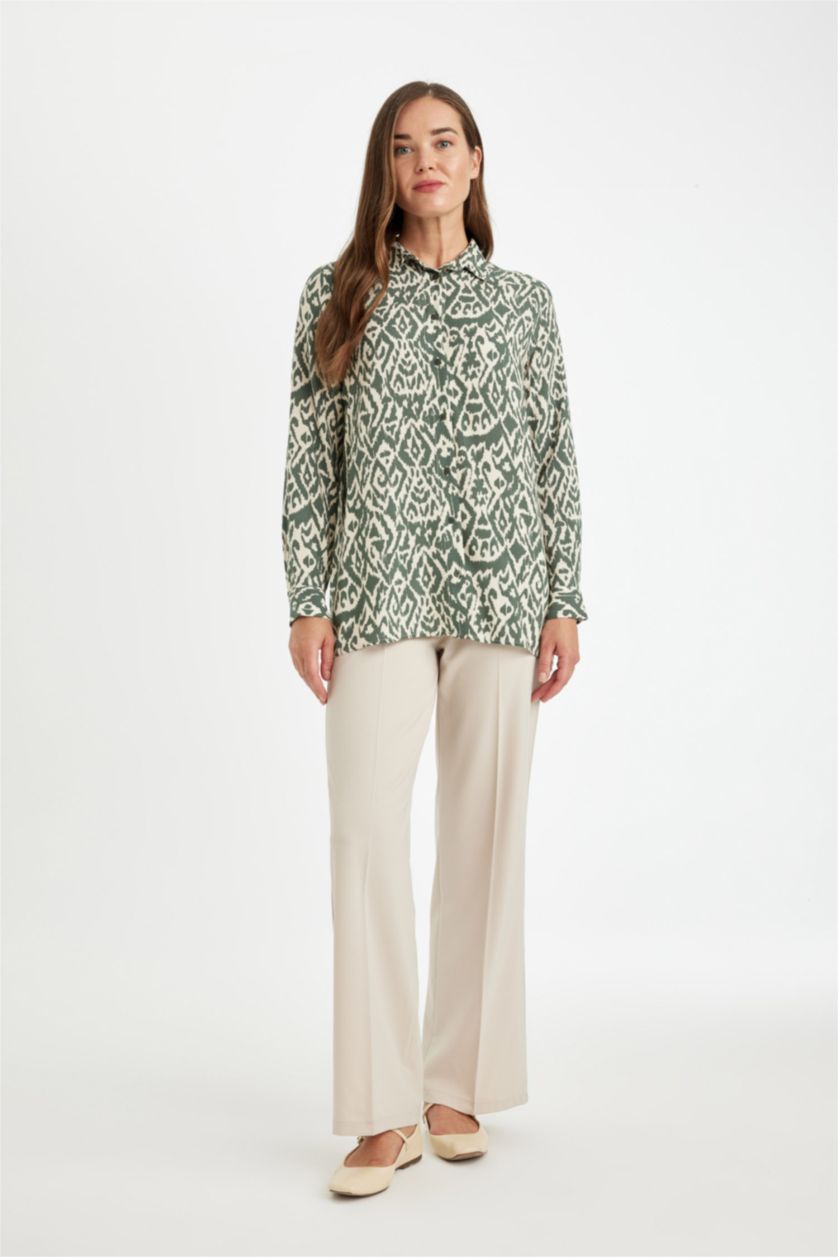 نساء كاكي تونيك كم طويل قصة فضفاضة برقبة قميص