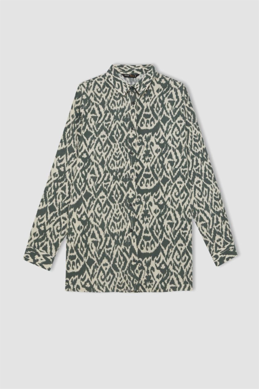 نساء كاكي تونيك كم طويل قصة فضفاضة برقبة قميص