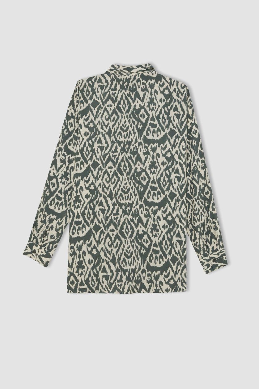 نساء كاكي تونيك كم طويل قصة فضفاضة برقبة قميص