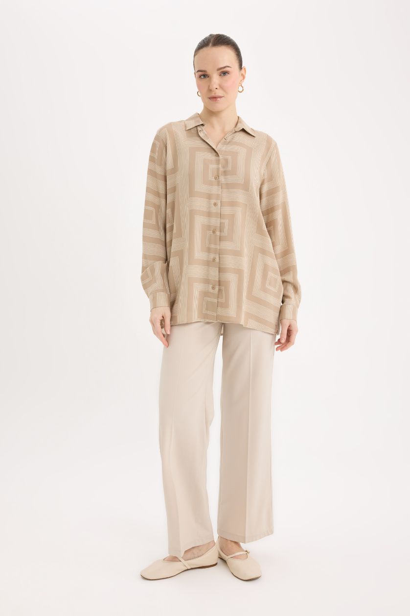 Woman Sand Loose Fit Shirt Collar Long Sleeve Tunic