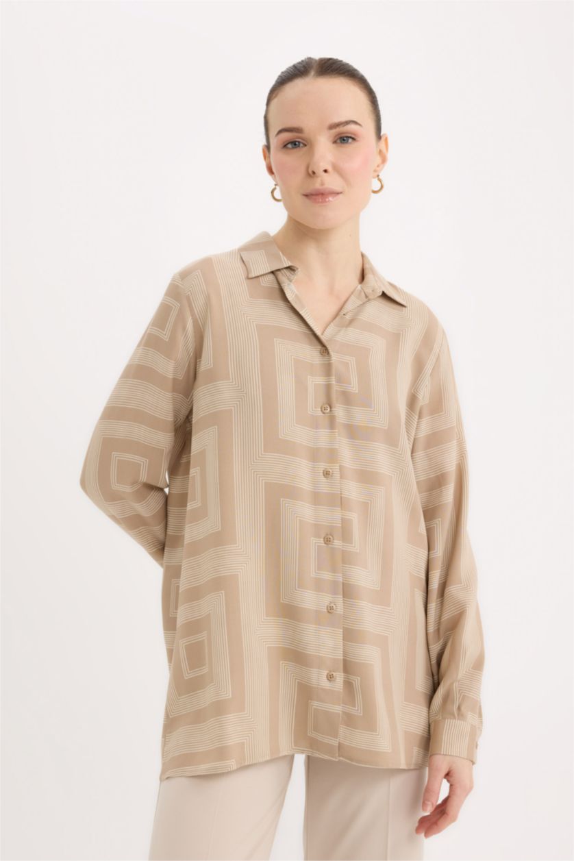 Woman Sand Loose Fit Shirt Collar Long Sleeve Tunic