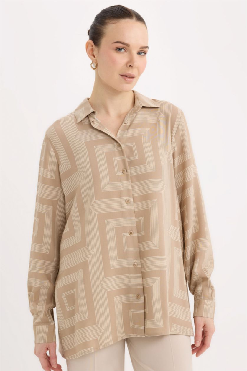 Woman Sand Loose Fit Shirt Collar Long Sleeve Tunic