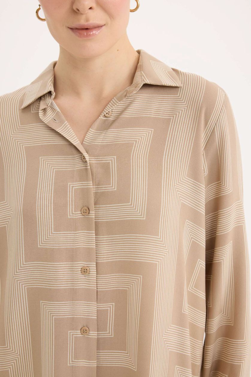 Woman Sand Loose Fit Shirt Collar Long Sleeve Tunic