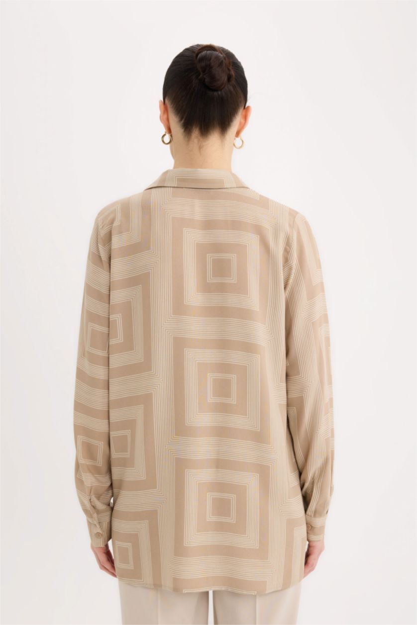 Woman Sand Loose Fit Shirt Collar Long Sleeve Tunic