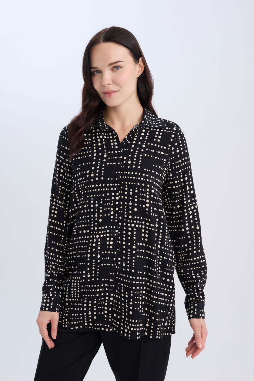 Woman Black Loose Fit Shirt Collar Long Sleeve Tunic