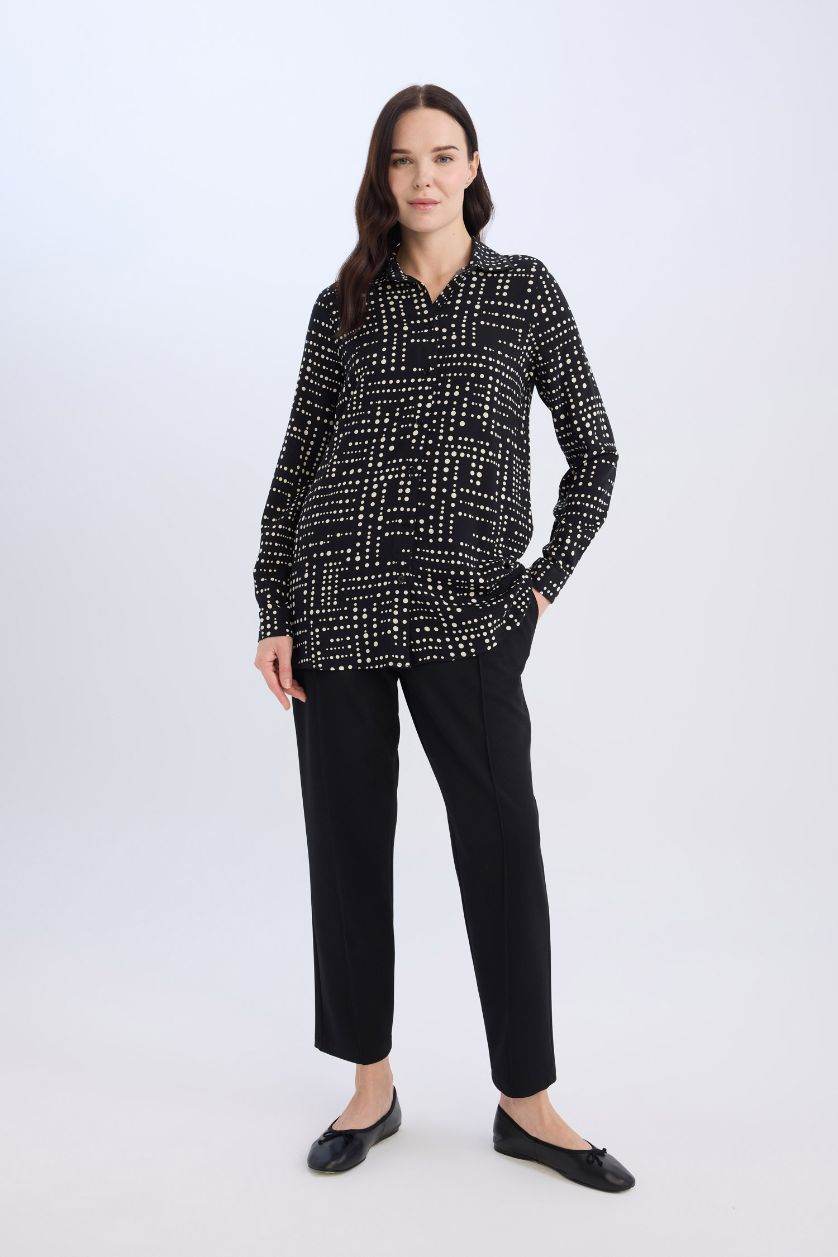 Woman Black Loose Fit Shirt Collar Long Sleeve Tunic