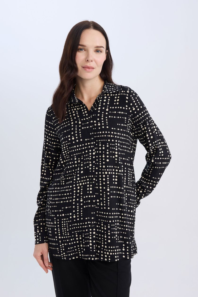 Woman Black Loose Fit Shirt Collar Long Sleeve Tunic