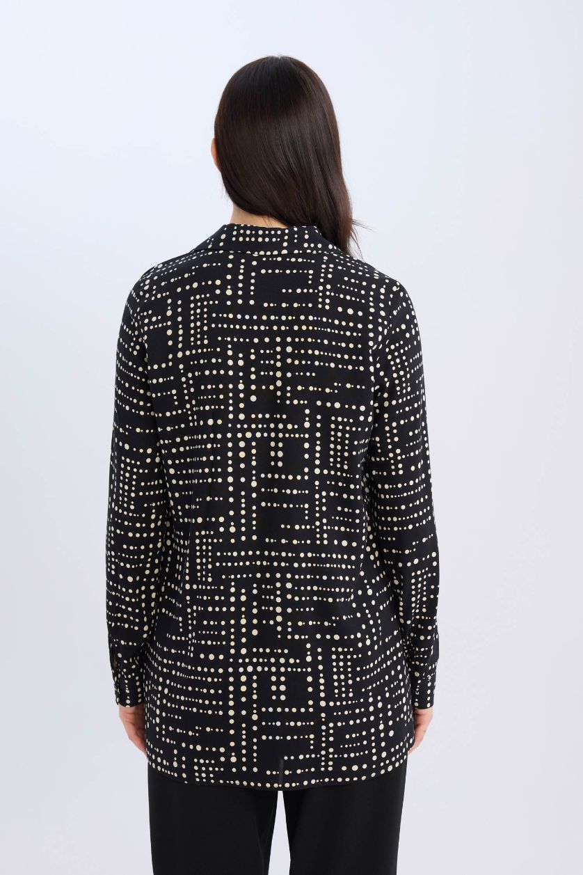 Woman Black Loose Fit Shirt Collar Long Sleeve Tunic