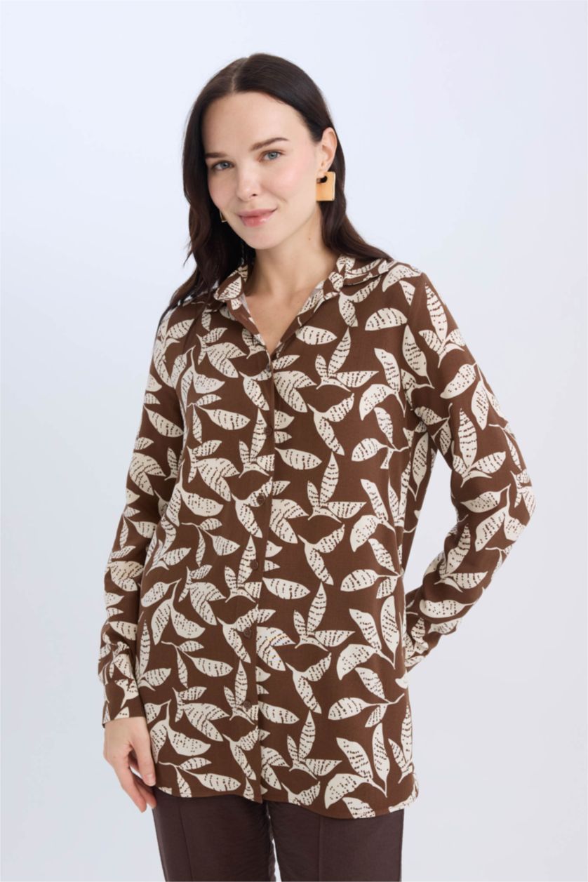 Kadın Kahve Loose Fit Desenli Uzun Kollu Gömlek Tunik