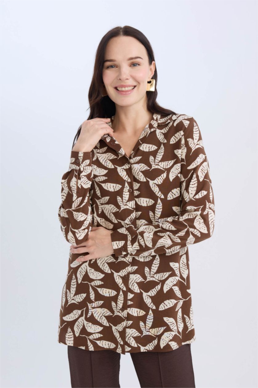 Kadın Kahve Loose Fit Desenli Uzun Kollu Gömlek Tunik