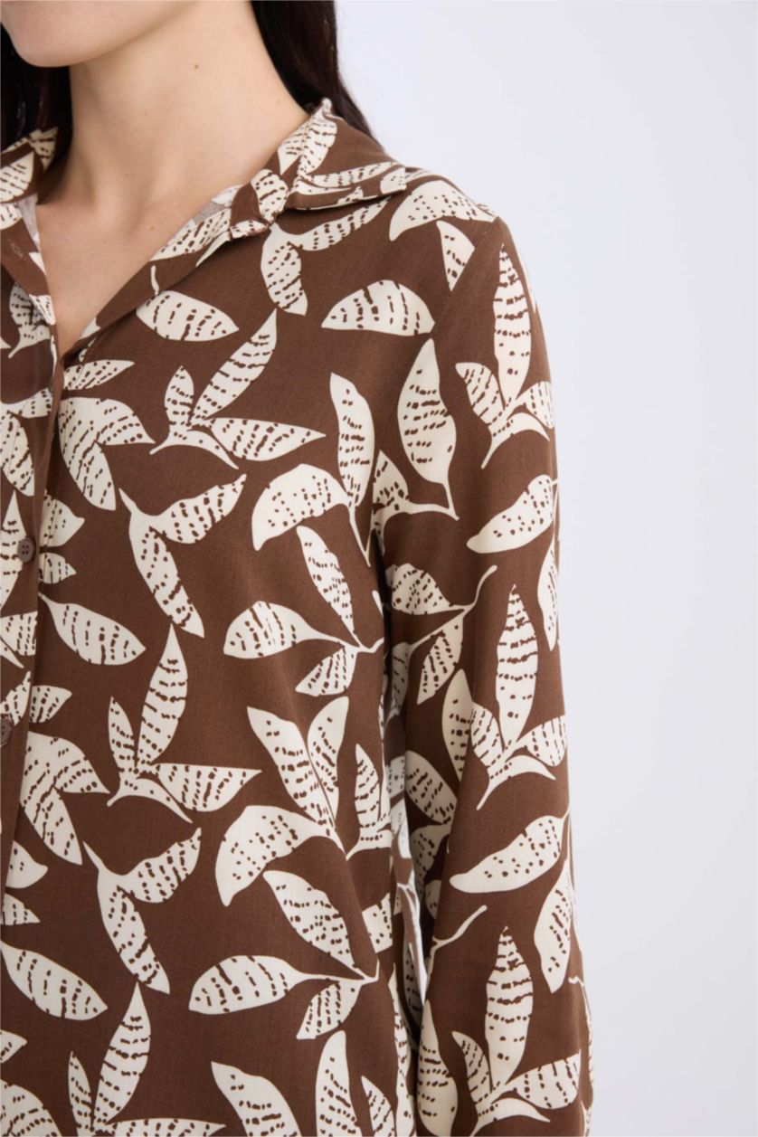 Kadın Kahve Loose Fit Desenli Uzun Kollu Gömlek Tunik