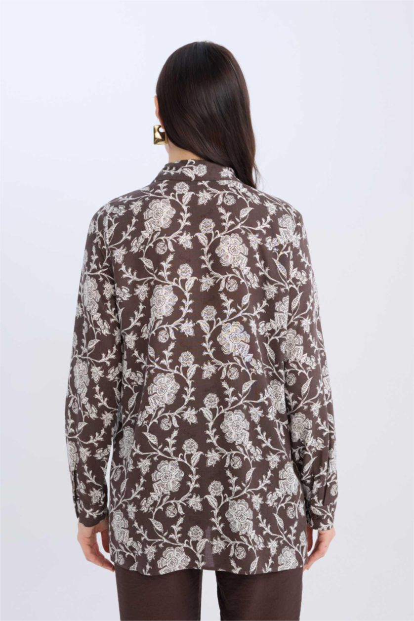 Woman Brown Loose Fit Shirt Collar Long Sleeve Tunic