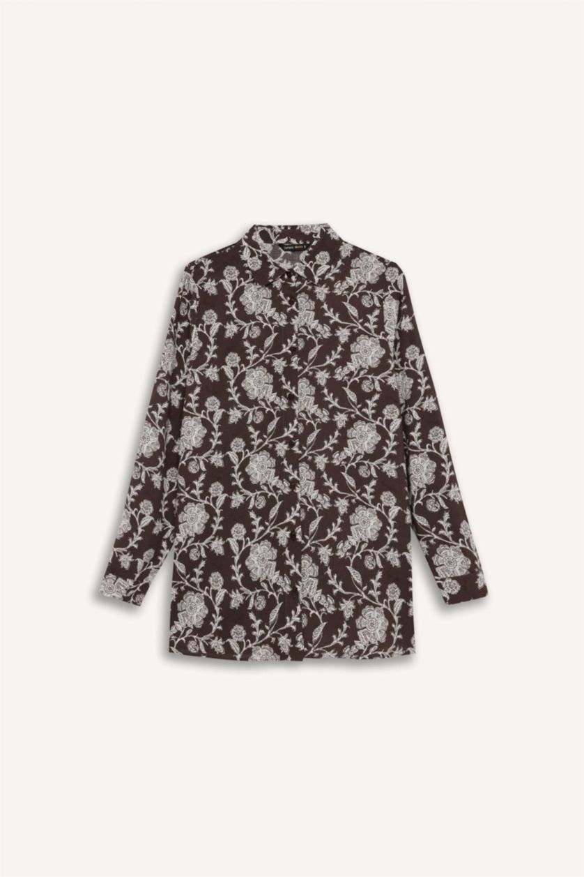 Woman Brown Loose Fit Shirt Collar Long Sleeve Tunic